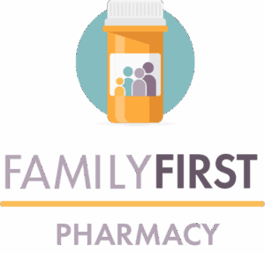 Family First Pharmacy logo depicting a yellow prescription bottle with the Family First Health community icon